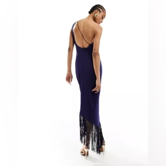 ASOS DESIGN Tall one shoulder draped fringe trim midi dress in navy - Picture 2 of 5